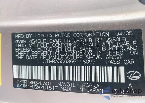 2005 Lexus Es 330 z USA, uszkodzony, nr VIN JTHBA30G855118097